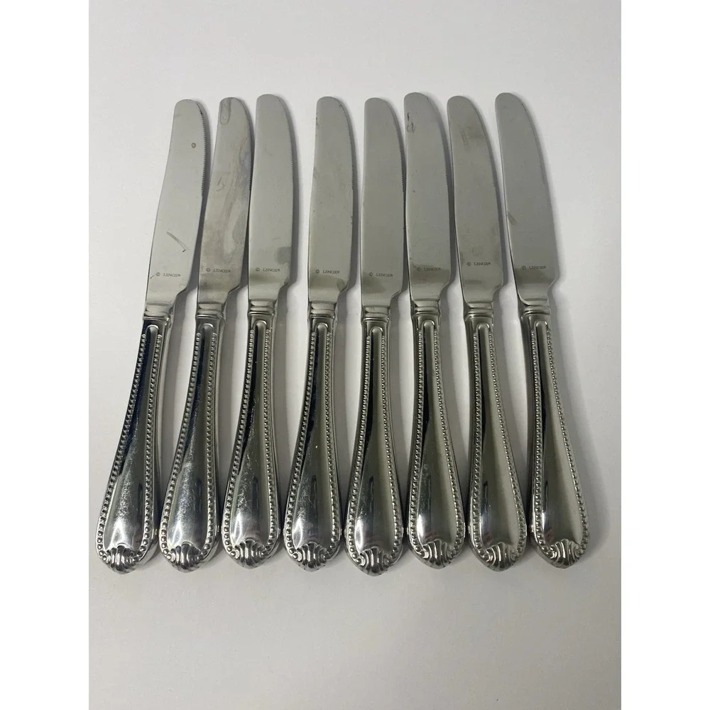 8 Dinner Knives Hollow Lenox BEAD Glossy Plume Tip Stainless 9 1/4